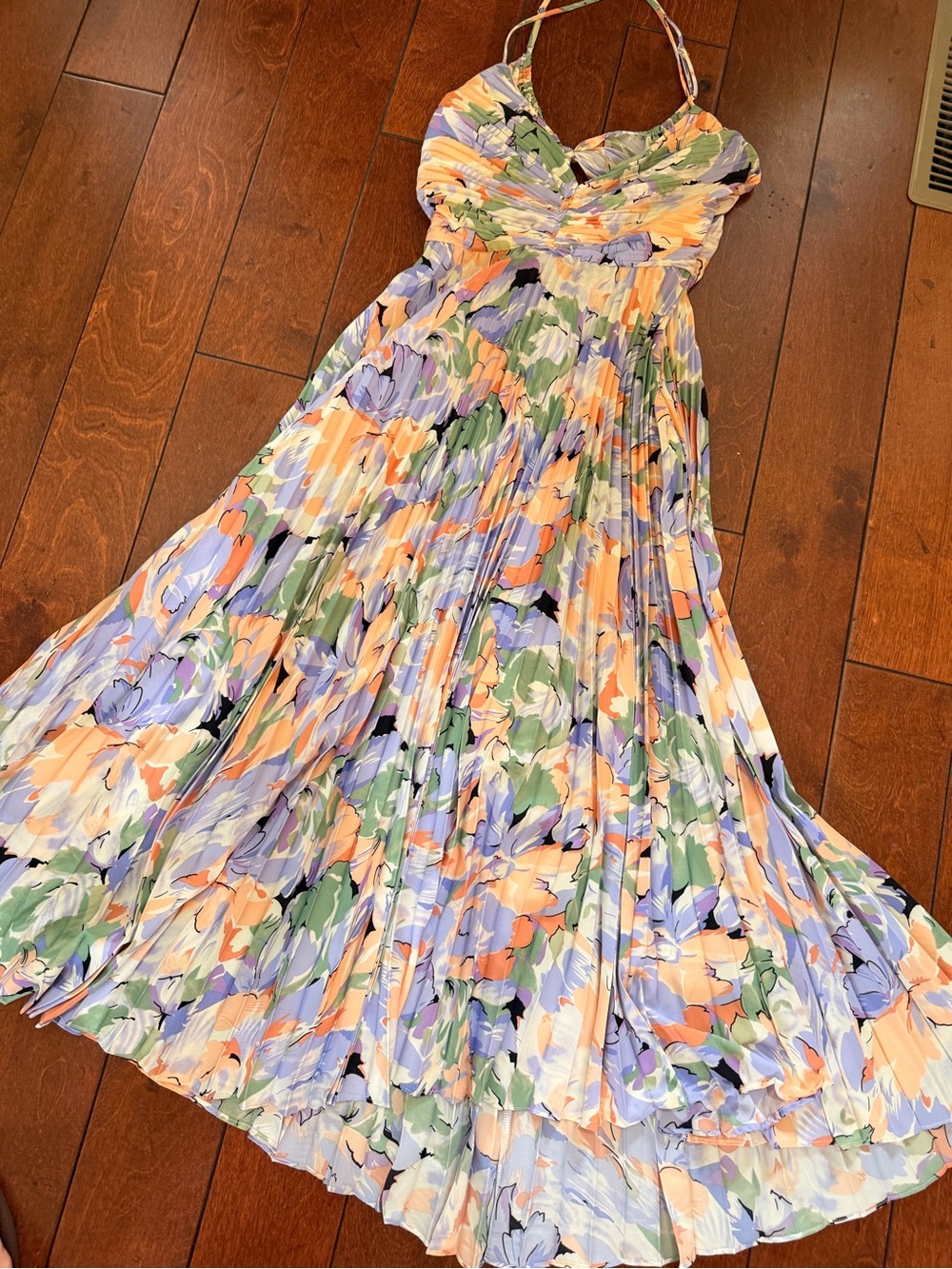 Astr Floral Pleated Halter Midi Dress in Lavender, Peach & Green